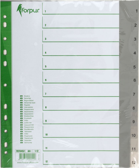 Разделители для папок-регистраторов пластиковые Forpus, 12 л., индексы по цифрам (1-12)