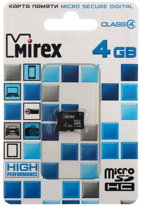 Карта памяти micro SDHC Mirex class 4, micro SDHC, class 4, 4 Gb 