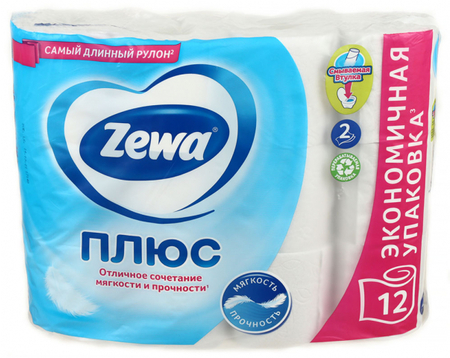 Бумага туалетная Zewa Plus, 12 рулонов, ширина 100 мм, белая