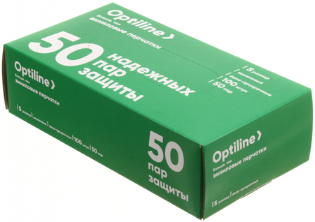 Перчатки виниловые одноразовые Optiline, размер S, 50 пар (100 шт.), прозрачные
