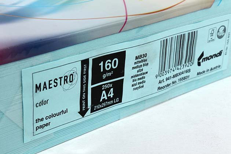 Бумага офисная цветная Maestro, А4 (210*297 мм), 160 г/м2, 250 л., голубая