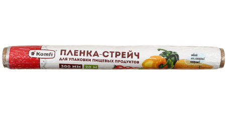 Пленка-стрейч пищевая Komfi, 300 мм*20 м, 6 мкм, ролик с бумажной этикеткой