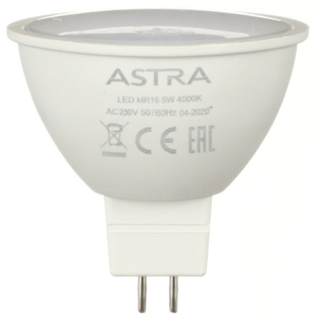 Лампа светодиодная Astra MR16/GU10, 5W, 230V, цоколь GU5.3 (MR16), 4000К, 400 лм, холодный свет