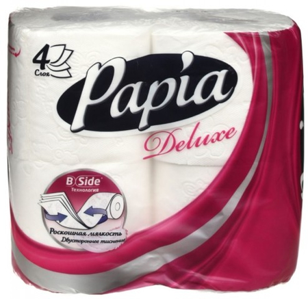 Бумага туалетная Papia Deluxe, 4 рулона, ширина 95 мм, белая