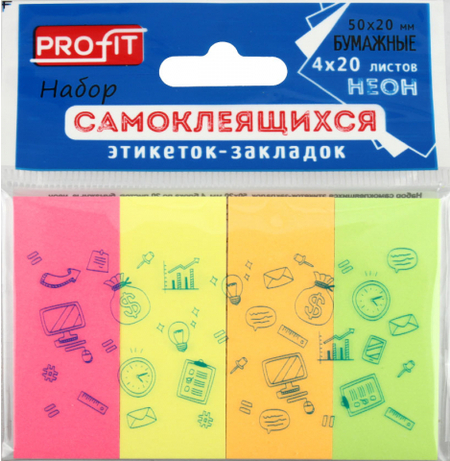 Закладки-разделители бумажные с липким краем Profit, 50*20 мм, 20 л.*4 цвета, неон