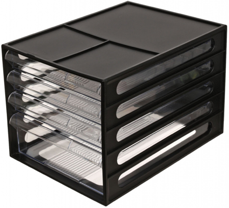 Файл-кабинет «Стамм», 340*250*225 мм, 4 лотка (3 верхних-глубина 25 мм, 1 нижний-глубина 70 мм), черный корпус, прозрачные лотки