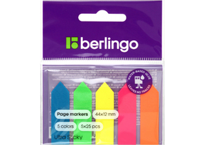 Закладки-разделители пластиковые с липким краем Berlingo Ultra Sticky, 44×12 мм, 25 л.×5 цветов, «Стрелки», неон