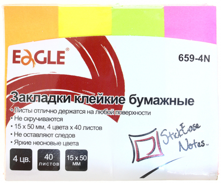 Закладки-разделители бумажные с липким краем Eagle, 15*50 мм, 40 л.*4 цвета, неон Закладки-разделители бумажные с липким краем Eagle, 15*50 мм, 40 л.*4 цвета, неон