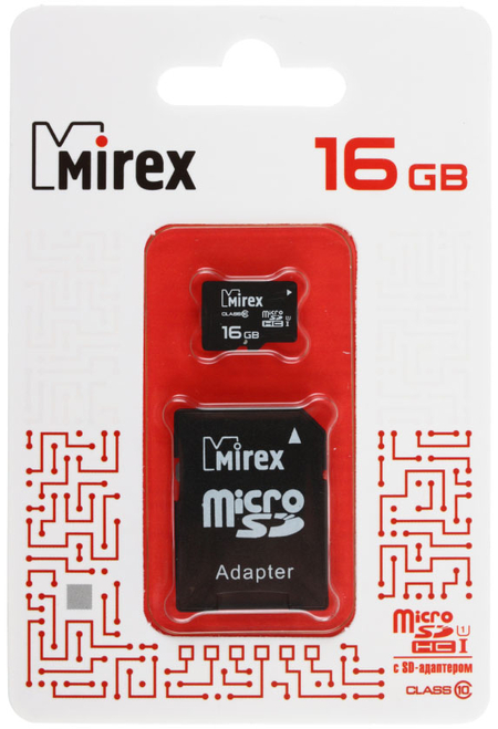 Карта памяти micro Mirex class 10, micro SDНС, class 10, 16 Gb + переходник на SD