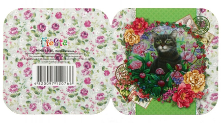 Мини-открытка поздравительная Fiesta, 85*85 мм, с выборочным глиттером, «Кот и розы»