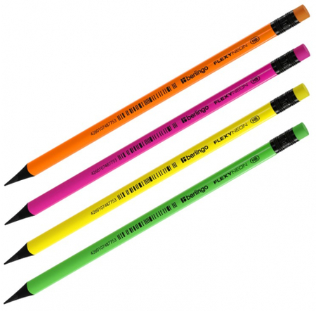 Карандаш чернографитный Berlingo Flexy Neon, твердость грифеля ТМ, с ластиком, корпус ассорти