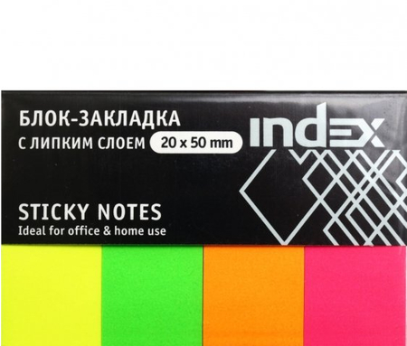 Закладки-разделители бумажные с липким краем Index, 20*50 мм, 40 л.*4 цвета, неон