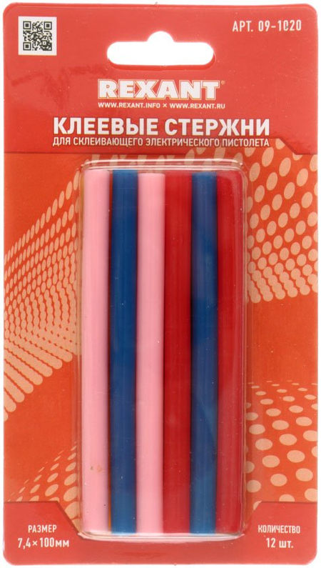 Клеевые стержни Rexant, 12 шт., диаметр 7,4 мм, длина 100 мм, цветные