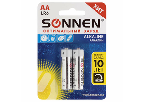 Батарейки щелочные Sonnen Alkaline, АА, LR6, 1.5V, 2 шт. Батарейки щелочные Sonnen Alkaline, АА, LR6, 1.5V, 2 шт.