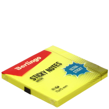 Бумага для заметок с липким краем Berlingo Ultra Sticky, 75*75 мм, 1 блок*80 л., желтая, неон