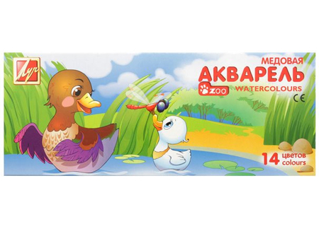 Акварель медовая Zoo, 14 цветов, в картонной коробке, с кисточкой