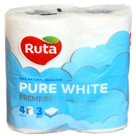 Бумага туалетная Ruta Premium, 4 рулона, ширина 95 мм, Pure White, белая