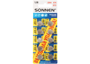 Батарейки щелочные дисковые Sonnen Alkaline, A76, G13, LR44, 1.5V, 10 шт.