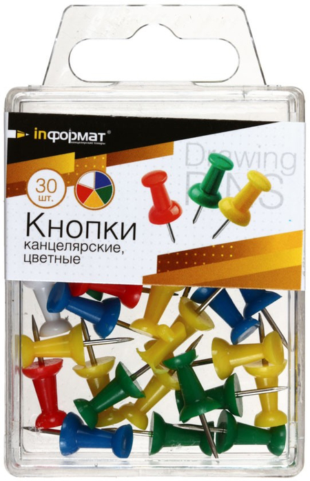 Кнопки-гвоздики с пластиковыми шляпками inФормат, 22 мм, 30 шт, цветные