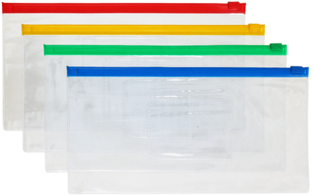 Папка-конверт пластиковая на молнии OfficeSpace А6+, 255*130 мм/250*120 мм, толщина пластика 0,12 мм, прозрачная, (цвет молнии - ассорти)