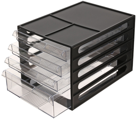 Файл-кабинет «Стамм», 340*250*225 мм, 4 лотка (3 верхних-глубина 25 мм, 1 нижний-глубина 70 мм), черный корпус, прозрачные лотки