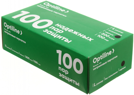 Перчатки нитриловые одноразовые Optiline, размер L, 100 пар (200 шт.), черные