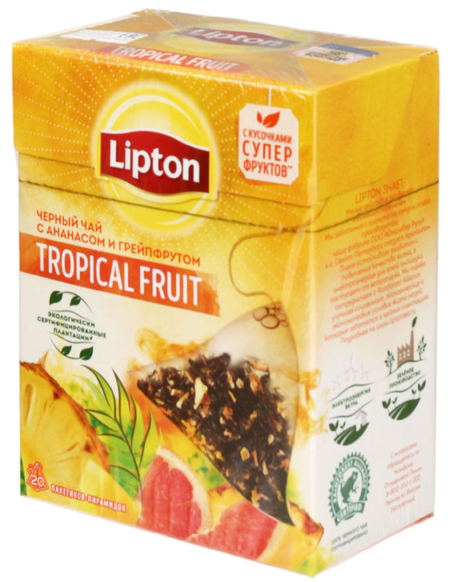 Чай Lipton ароматизированный пакетированный, 36 г, 20 пирамидок, Tropical Fruit, черный чай Чай Lipton ароматизированный пакетированный, 36 г, 20 пирамидок, Tropical Fruit, черный чай