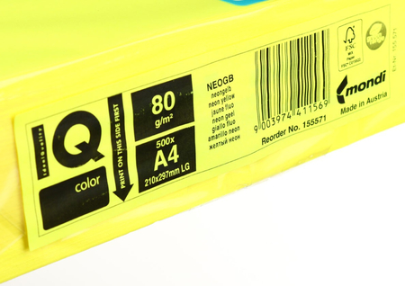 Бумага офисная цветная IQ Color, А4 (210*297 мм), 80 г/м2, 500 л., желтая неон
