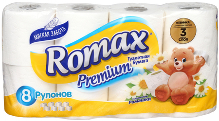 Бумага туалетная Romax Premium, 8 рулонов, ширина 95 мм, с ароматом ромашки, белая
