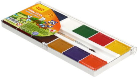 Акварель медовая «Приключения Енота», 12 цветов, в пластиковой коробке, с кистью