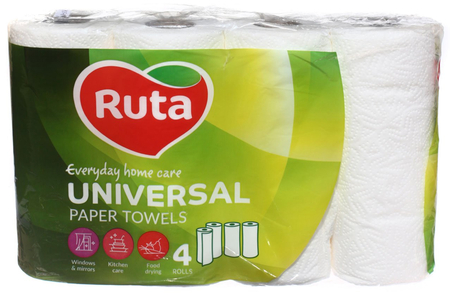 Полотенца бумажные Ruta (в рулоне), 4 рулона, ширина 230 мм, Universal, белые 