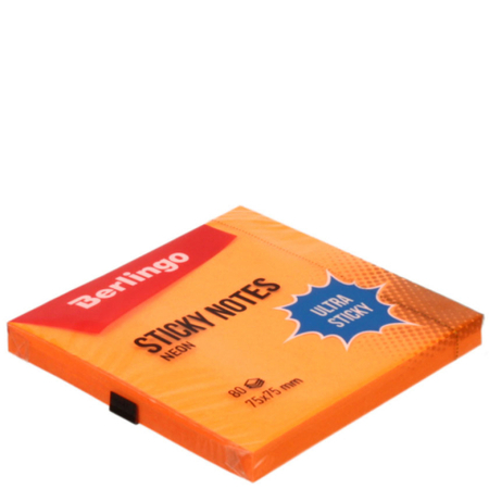 Бумага для заметок с липким краем Berlingo Ultra Sticky, 75*75 мм, 1 блок*80 л., оранжевая, неон