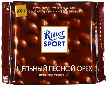 Шоколад Ritter Sport, 100 г, молочный шоколад с цельным лесным орехом