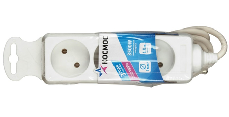 Удлинитель «Космос» 10А (без заземления, без выключателя), 3 розетки, 1,5 м, белый Удлинитель «Космос» 10А (без заземления, без выключателя), 3 розетки, 1,5 м, белый