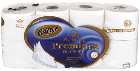 Бумага туалетная Batist Premium, 8 рулонов, ширина 95 мм, белая