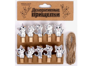 Прищепки декоративные деревянные «Котята», 3,5 см×10 шт., верёвка 100 см