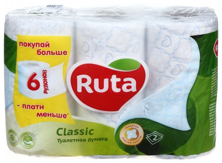 Бумага туалетная Ruta Classic, 6 рулонов, ширина 95 мм, белая с рисунком