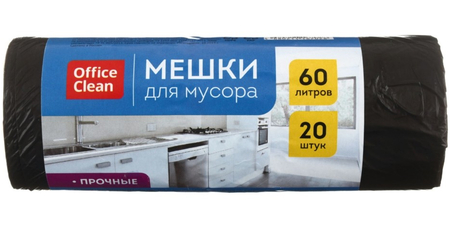 Пакеты для мусора OfficeClean (ПНД), 60 л, 20 шт., прочные, черные