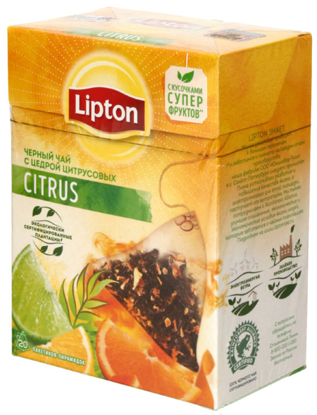 Чай Lipton ароматизированный пакетированный, 36 г, 20 пирамидок, Citrus, черный чай с цедрой цитрусовых