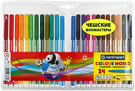 Фломастеры смываемые Centropen, 24 цвета, толщина линии 1 мм, «Цветной мир», вентилируемый колпачок
