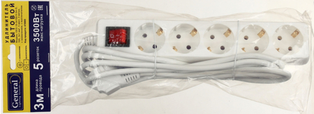 Удлинитель General 16А (с заземлением, с выключателем), 5 розеток, 3 м, белый