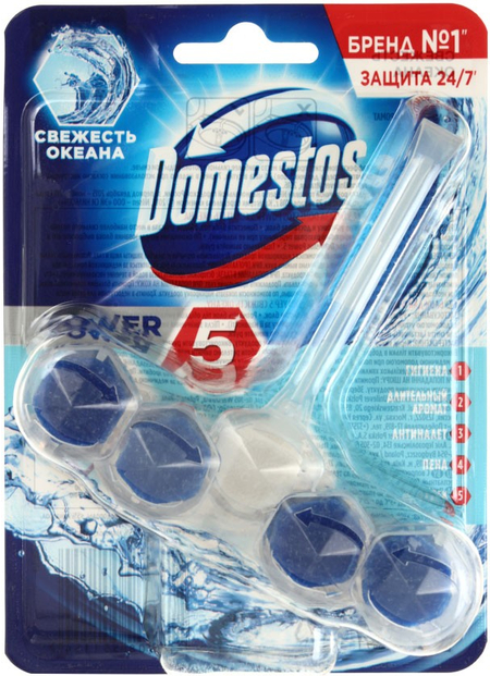 Блок для унитаза в пластиковом подвесе Domestos Power5, 55 г, «Свежесть океана» Блок для унитаза в пластиковом подвесе Domestos Power5, 55 г, «Свежесть океана»