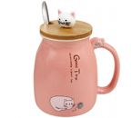 Кружка керамическая с деревянной крышкой и ложкой «Эврика», 400 мл, «Котик с клубком №2»