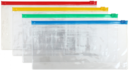 Папка-конверт пластиковая на молнии «Стамм» А6+, 255*130 мм/250*120 мм, толщина пластика 0,12 мм, прозрачная, (цвет молнии - ассорти)