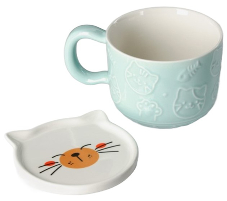 Кружка керамическая с подставкой «Улыбающийся кот», 450 мл, голубая
