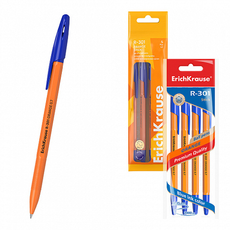 Набор шариковых ручек ErichKrause R-301 Orange Stick, 4 шт., синие