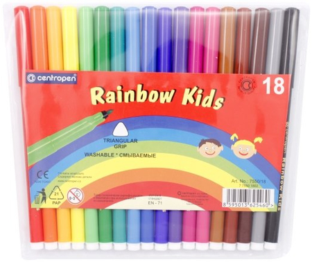 Фломастеры Rainbow Kids смываемые, 18 цветов, толщина линии 1 мм, вентилируемый колпачок