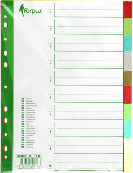 Разделители для папок-регистраторов пластиковые Forpus, 10 л., индексы по цветам (без нумерации)