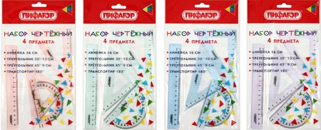 Набор чертежный «Пифагор», 4 предмета, ассорти Набор чертежный «Пифагор», 4 предмета, ассорти