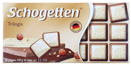 Шоколад Schogetten, 100 г, белый шоколад с грильяжем и лесными орехами, молочный шоколад с джандуей и лесными орехами и молочный шоколад